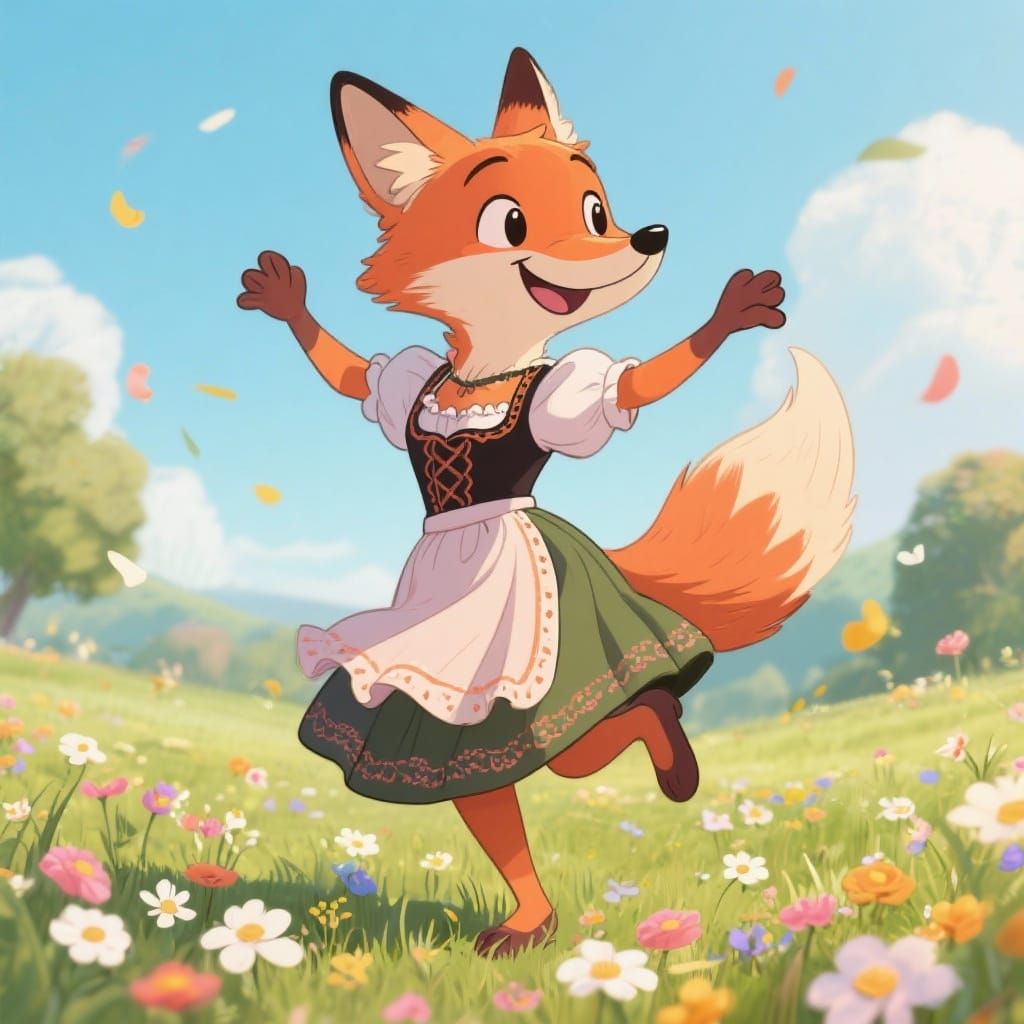 Cartoon Fox in Dirndl Dancing in Meadow