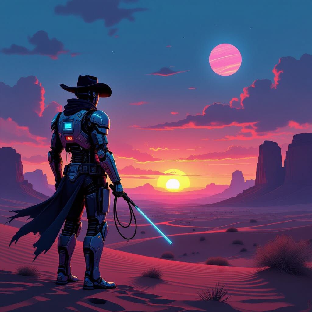 Cyborg Cowboy in Neon Desert Sunset on Exoplanet