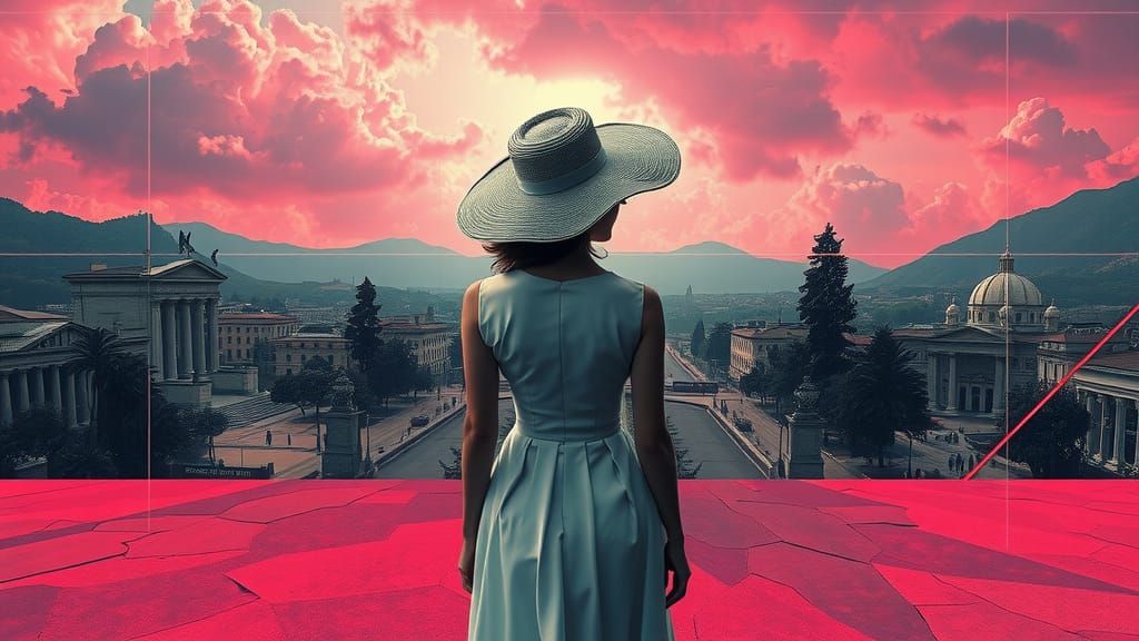 Surreal Woman in Hat on Cracked Landscape