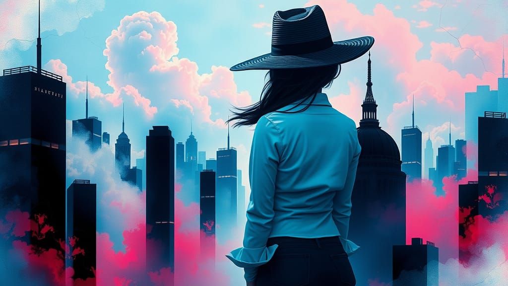 Surreal Cityscape with Woman in Hat: Matte Painting