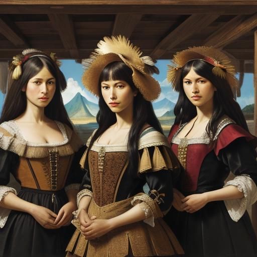 Tahitian Girls on Spanish Galleon: Baroque Oil Painting