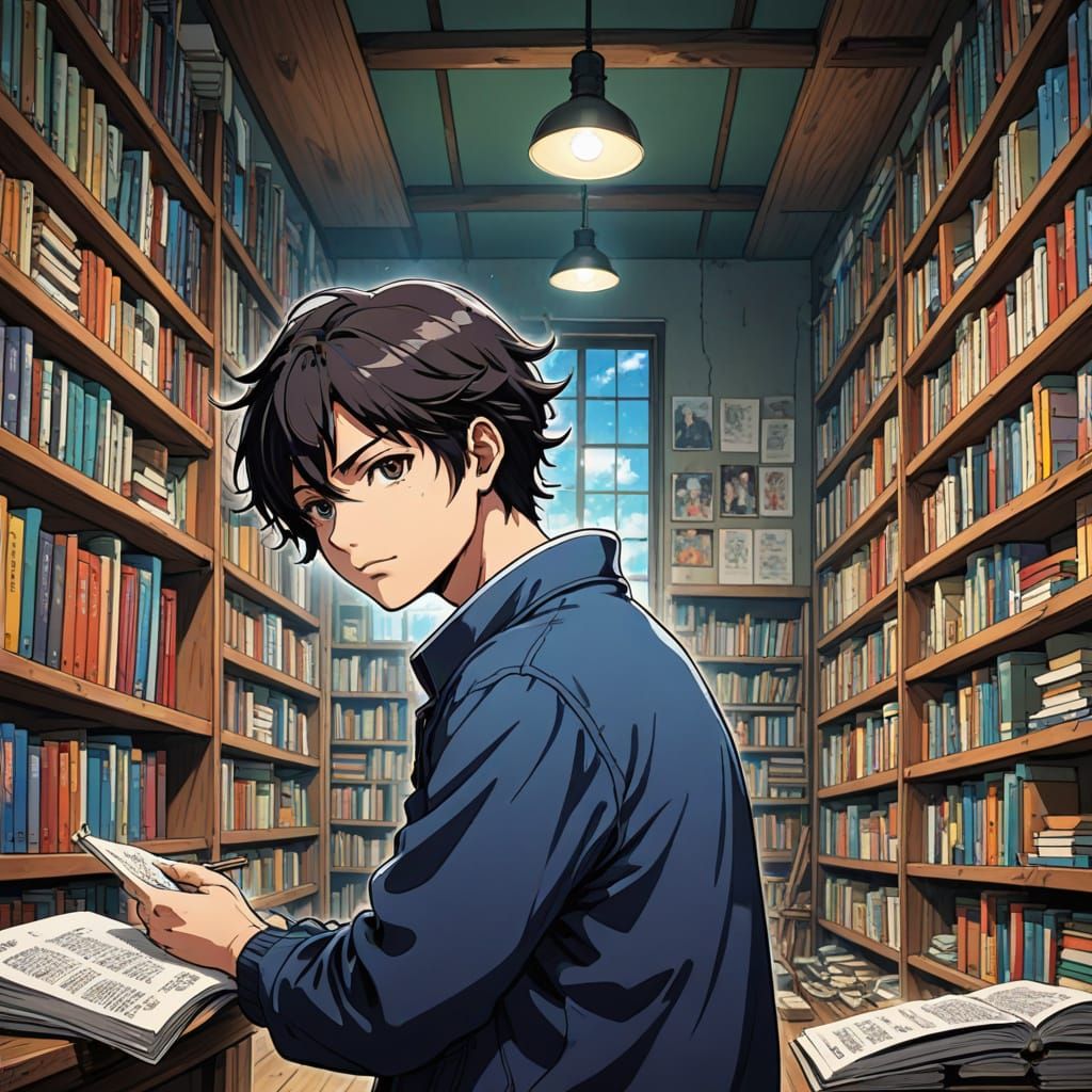 Magical Library Bookshelf Restoration in Anime Style