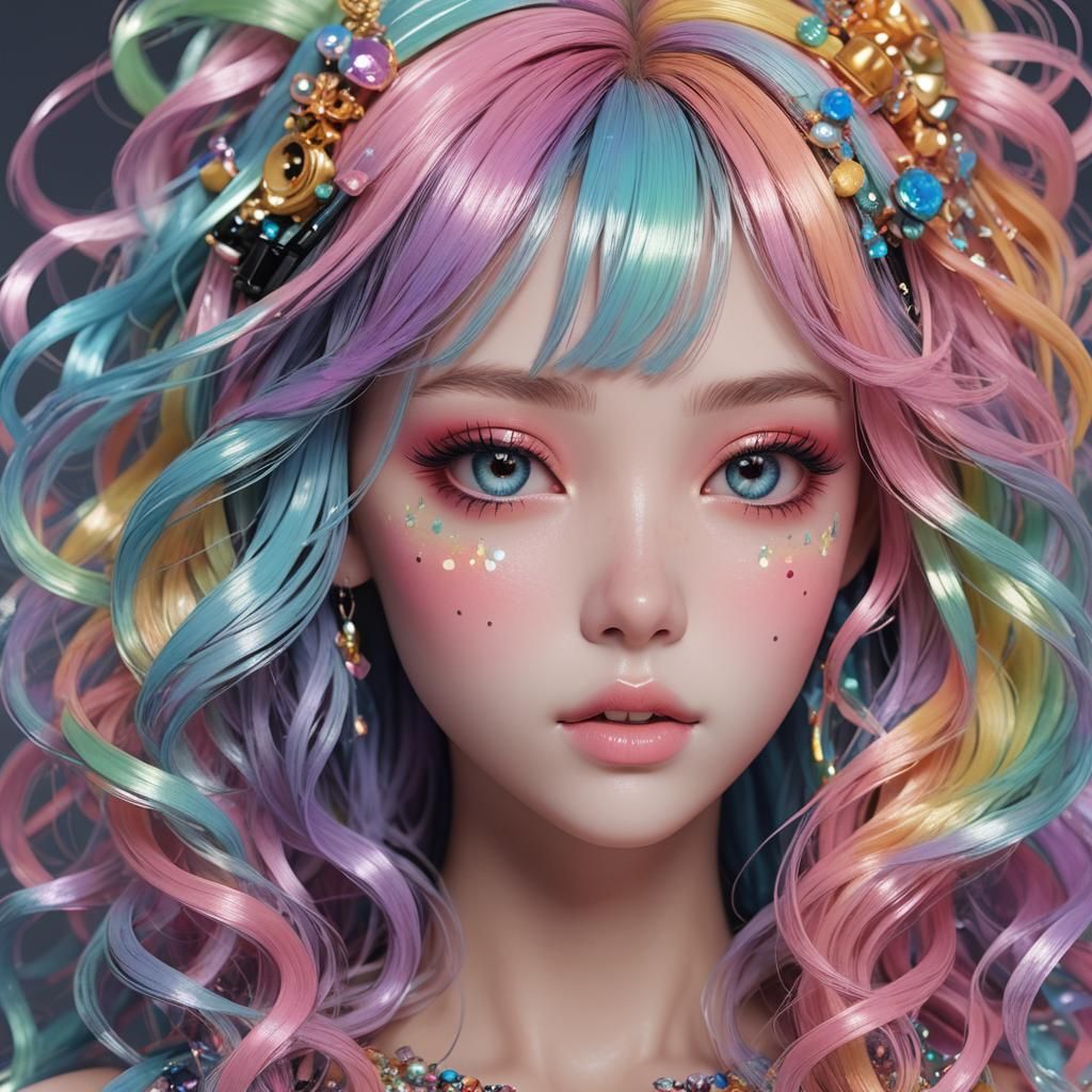 Mechanical Doll with Rainbow Hair in Kawaii Style