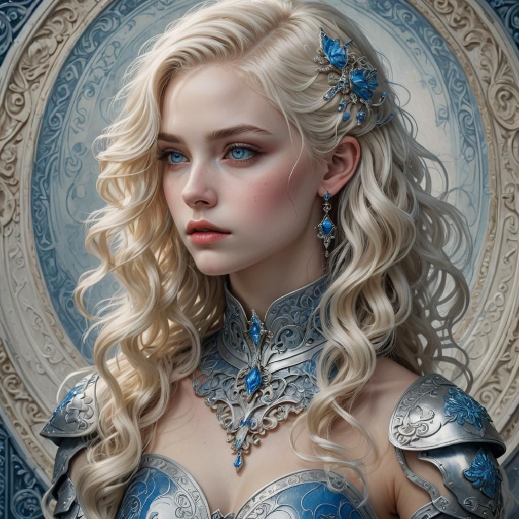 Anime Princess with Platinum Hair in Ornate Armor