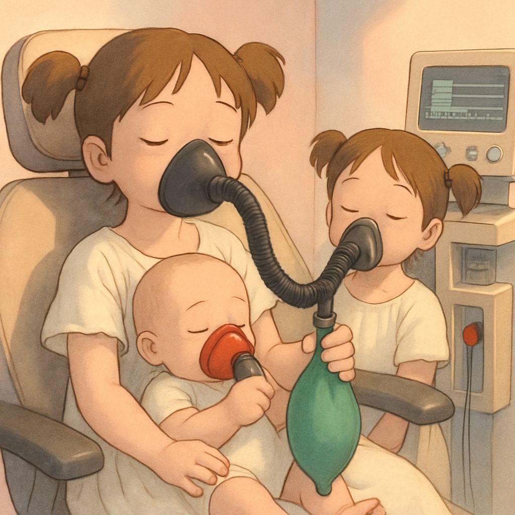 Babies in Dentist Chair, Ghibli-Style Illustration