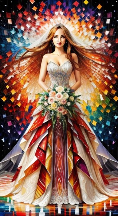 Bride Portrait with Spirographic Symmetry in Mosaic Style