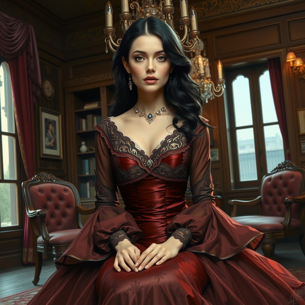 Victorian Woman in Wild West Parlor: Dark Fantasy