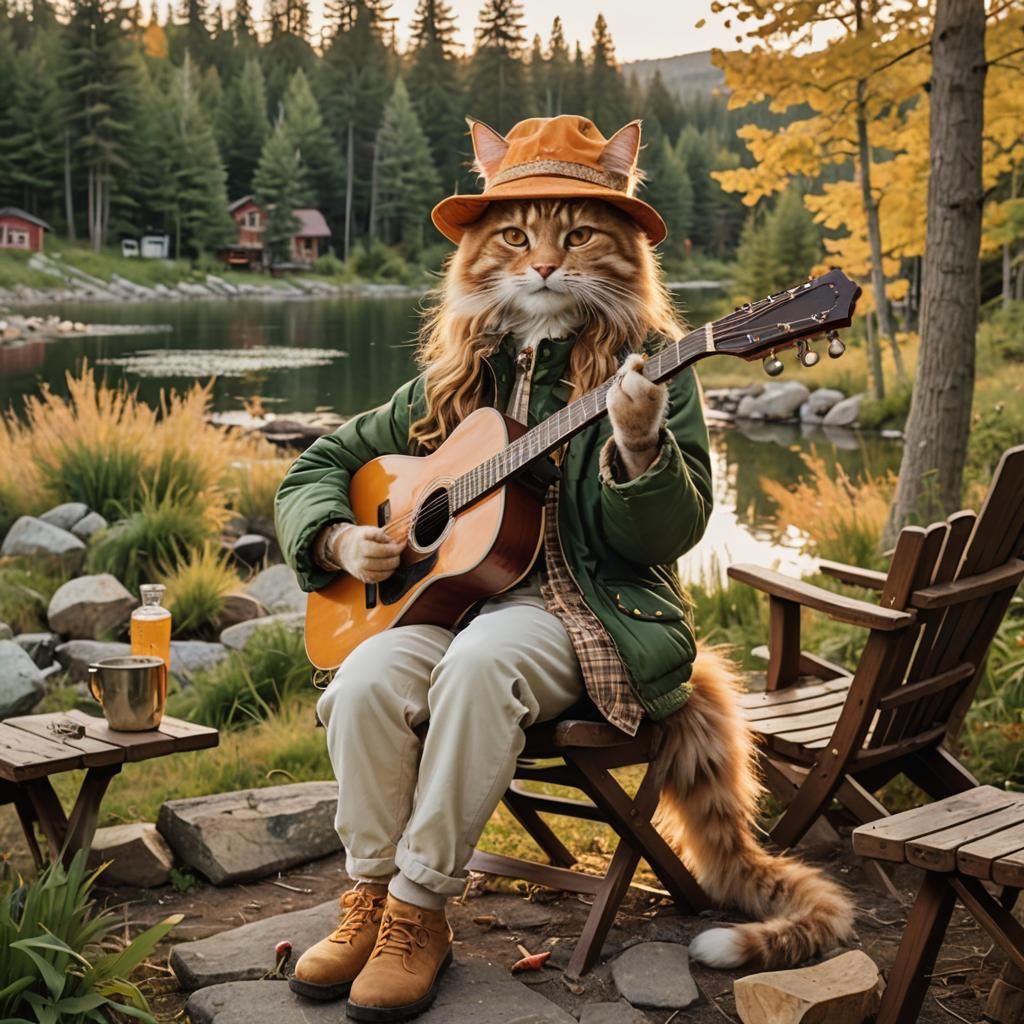Long-Haired Tabby Cat Plays Guitar by Campfire
