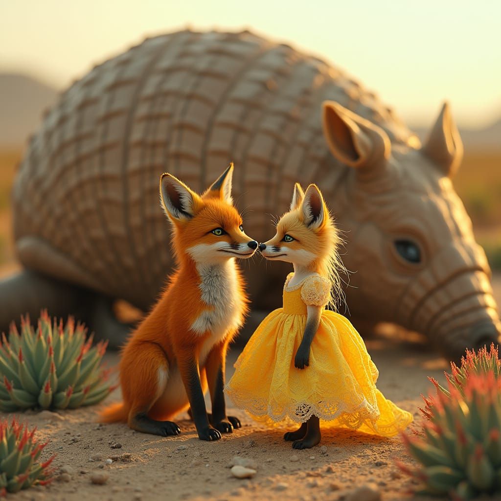 Fox in Elegant Lemon Lace Dress in Desert Landscape with Arm...