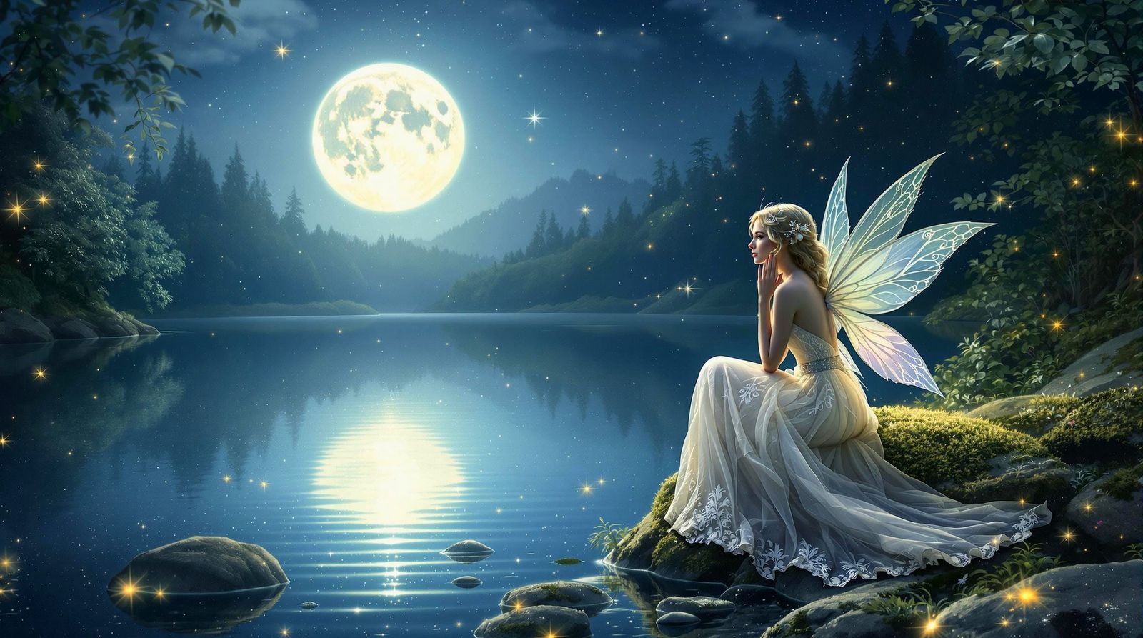 Moonlit Fairy on a Mossy Rock