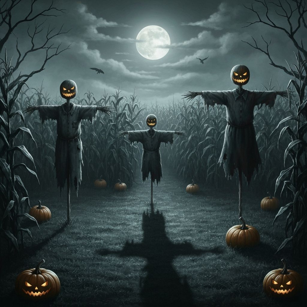Haunted Corn Maze Oil Painting with Ghostly Scarecrows