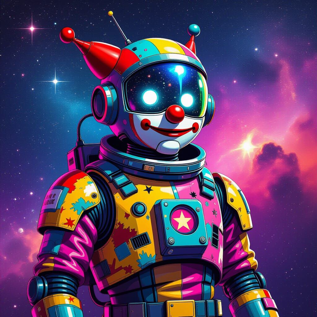 Robot Clown Adrift in Starry Galaxy, Futuristic Art