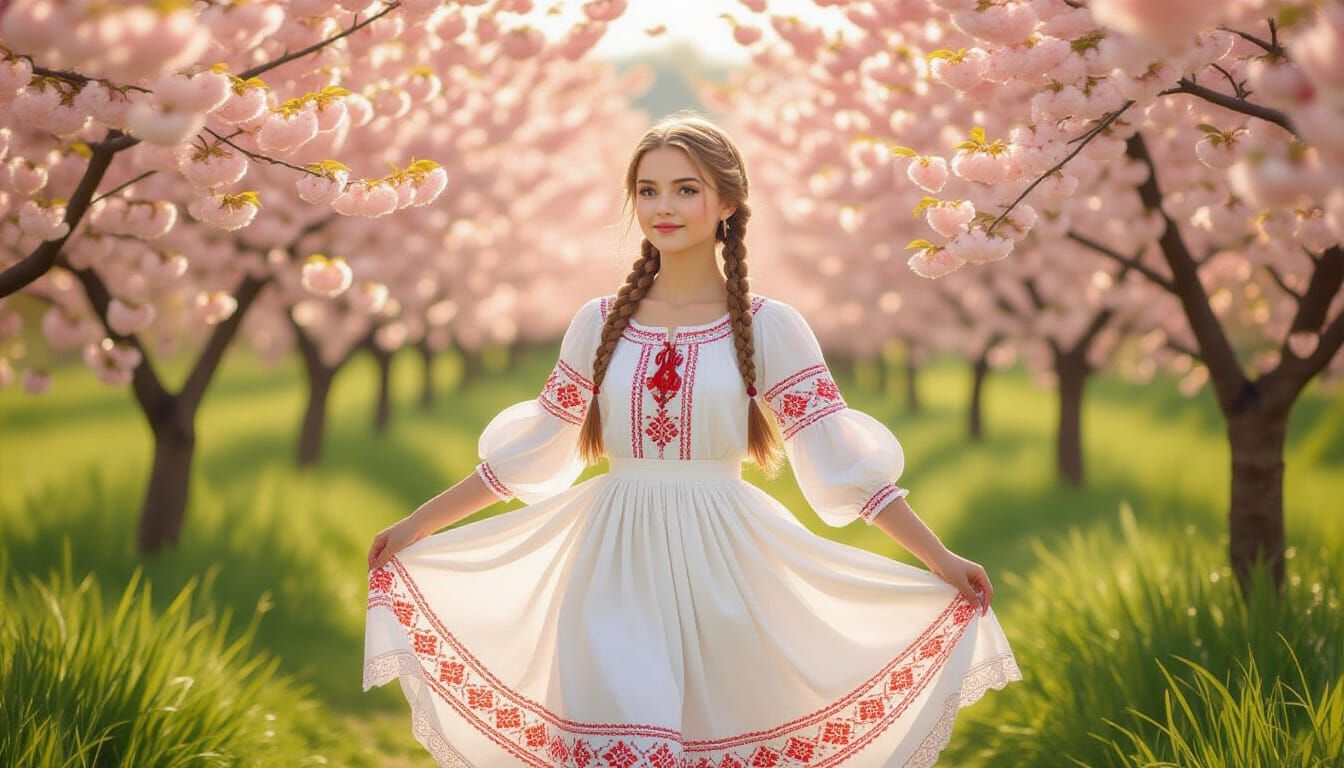 Slavic Girl Dancing in Cherry Orchard, Impressionist Style