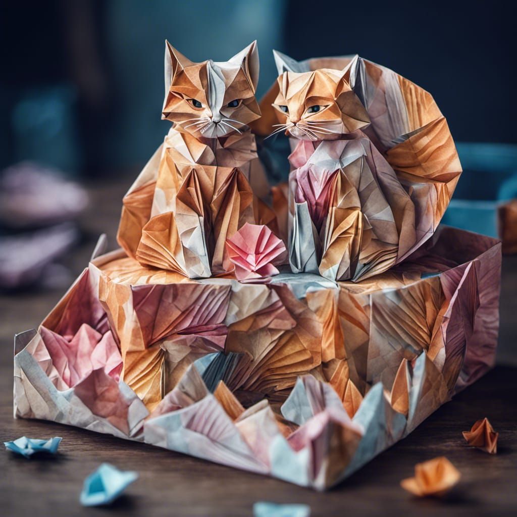 Loving Kittens in Origami Papercraft Style