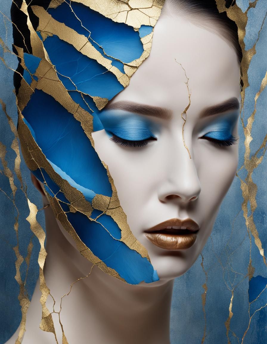 Cracked Blue Mask with Kintsugi Joints
