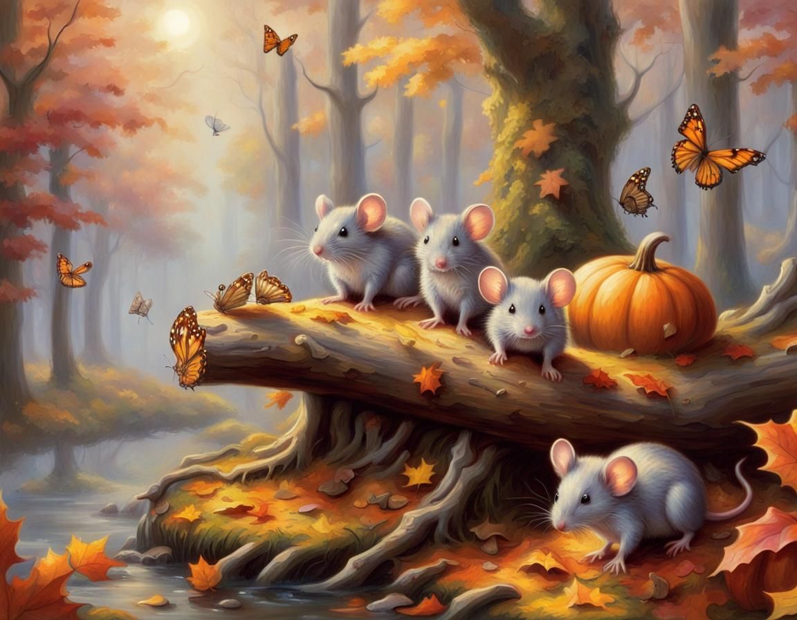 Mice Play in an Autumn Fantasy Forest