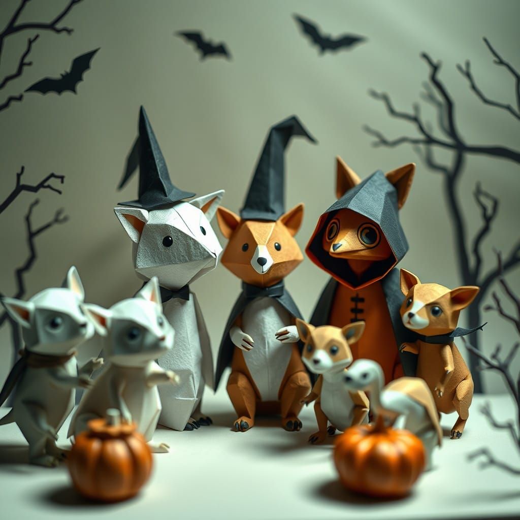 Whimsical Papercraft Animals in Halloween Costumes