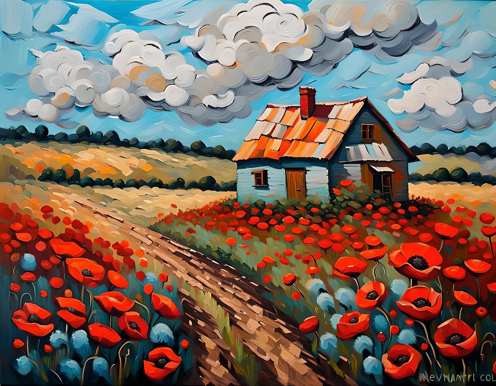 Poppy Field with Rustic House in Impasto Style