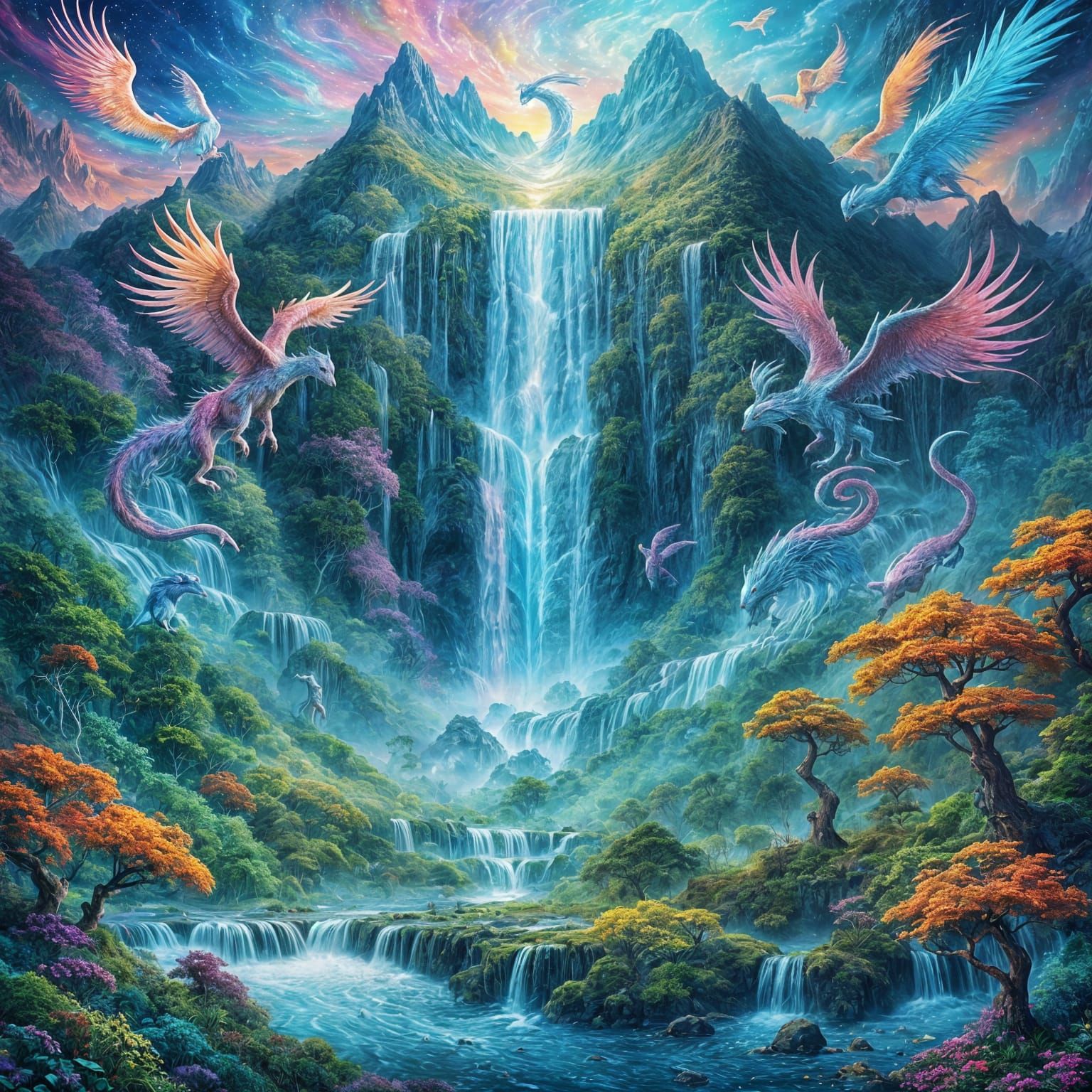 Mythical Waterfall Scene in Cosmic Style