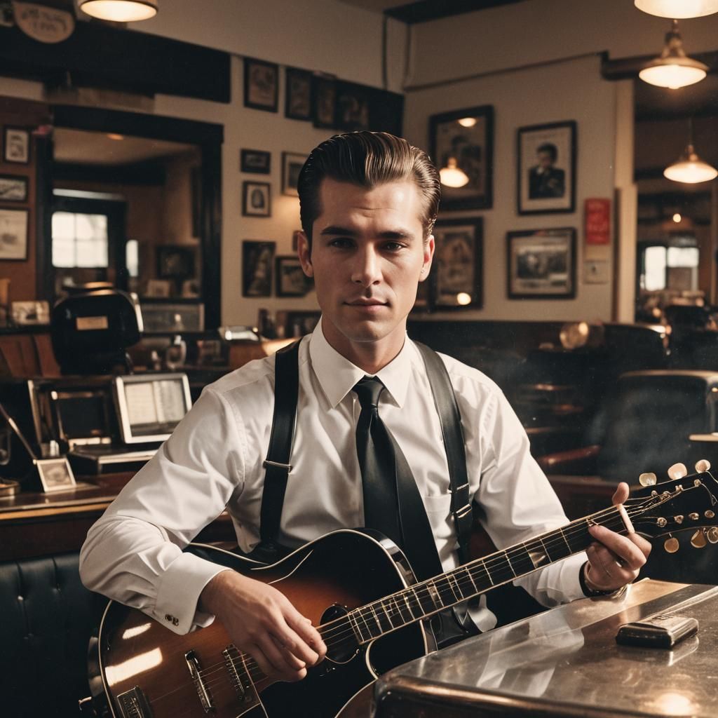 Vintage Barbershop Musician in Cinematic Film Still