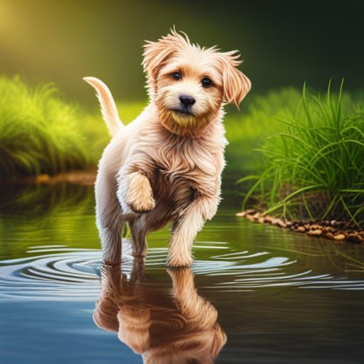 Hyperrealistic Puppy Plays in Colorful Puddle