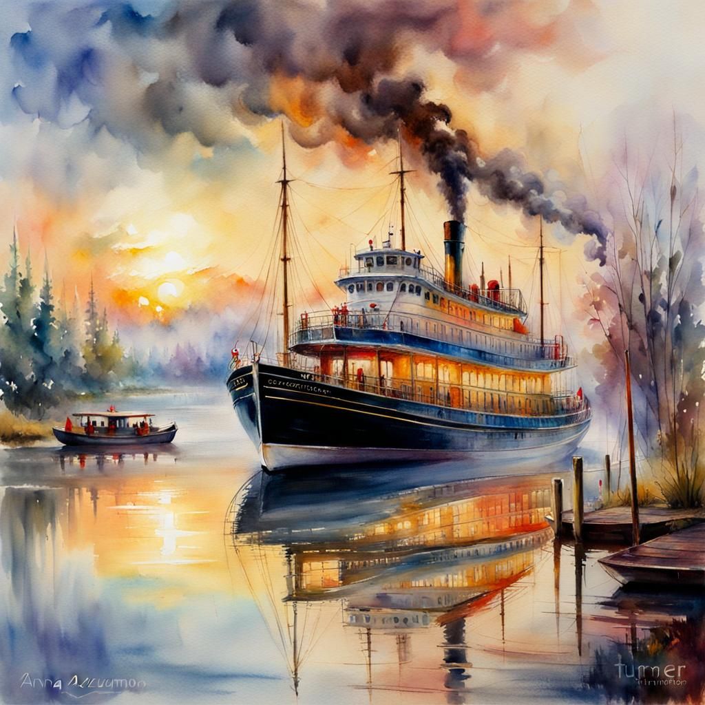 Fantasy Steamship on Foggy Lake in Watercolor Style