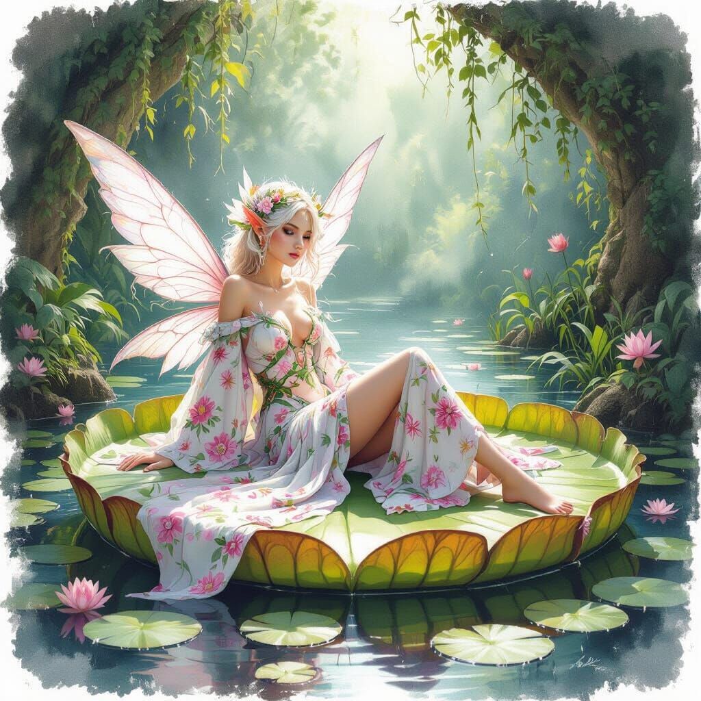 Flower Fairy Lounging in Grotto: Watercolour Painting
