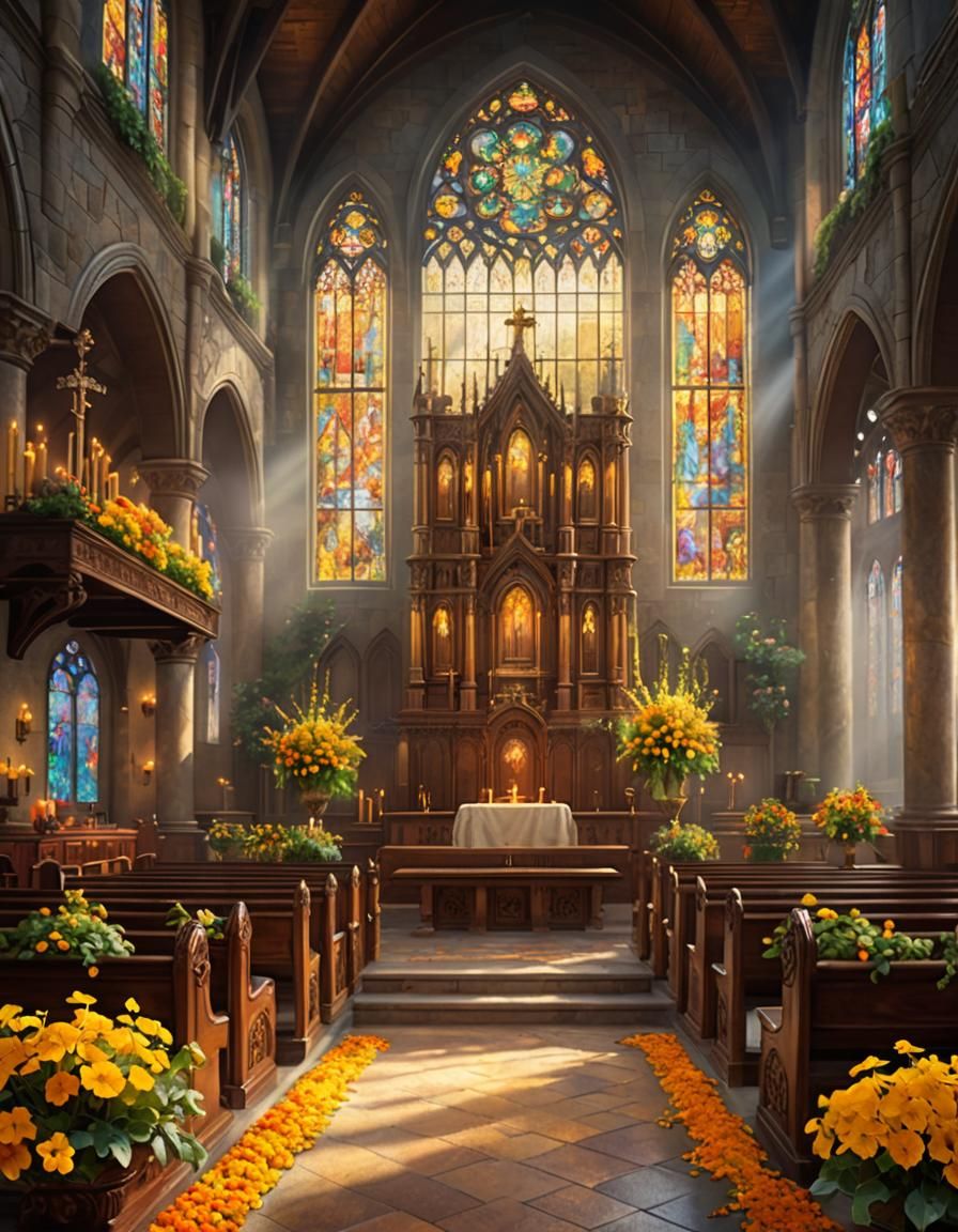 Church Interior with Stained Glass in Kinkade Style