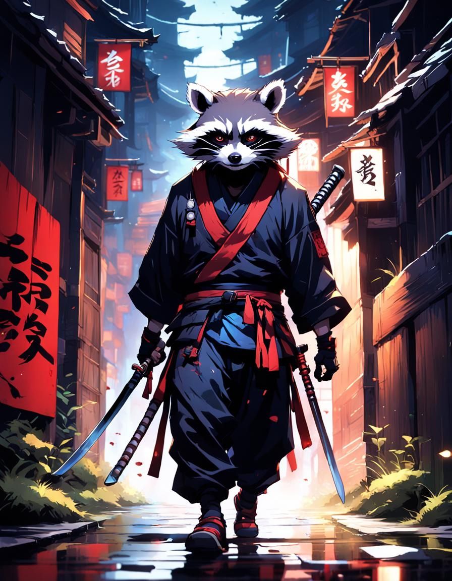 Raccoon Ninja Assassin in Dark Alley, Anime Style
