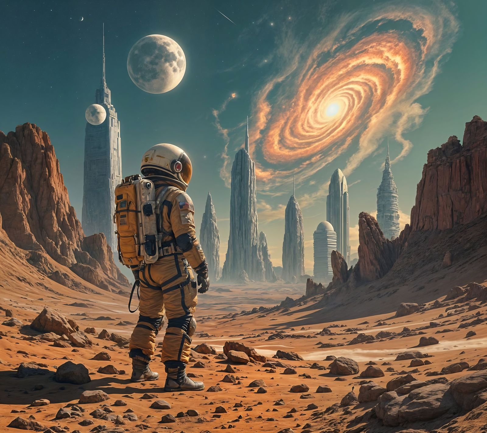 Cosmonaut on Paleolithic Planet with Steampunk Elements