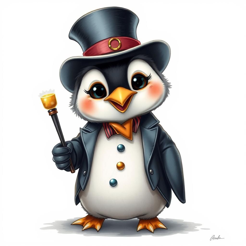 Baby Penguin Magician: Funny Caricature in Ethereal Style