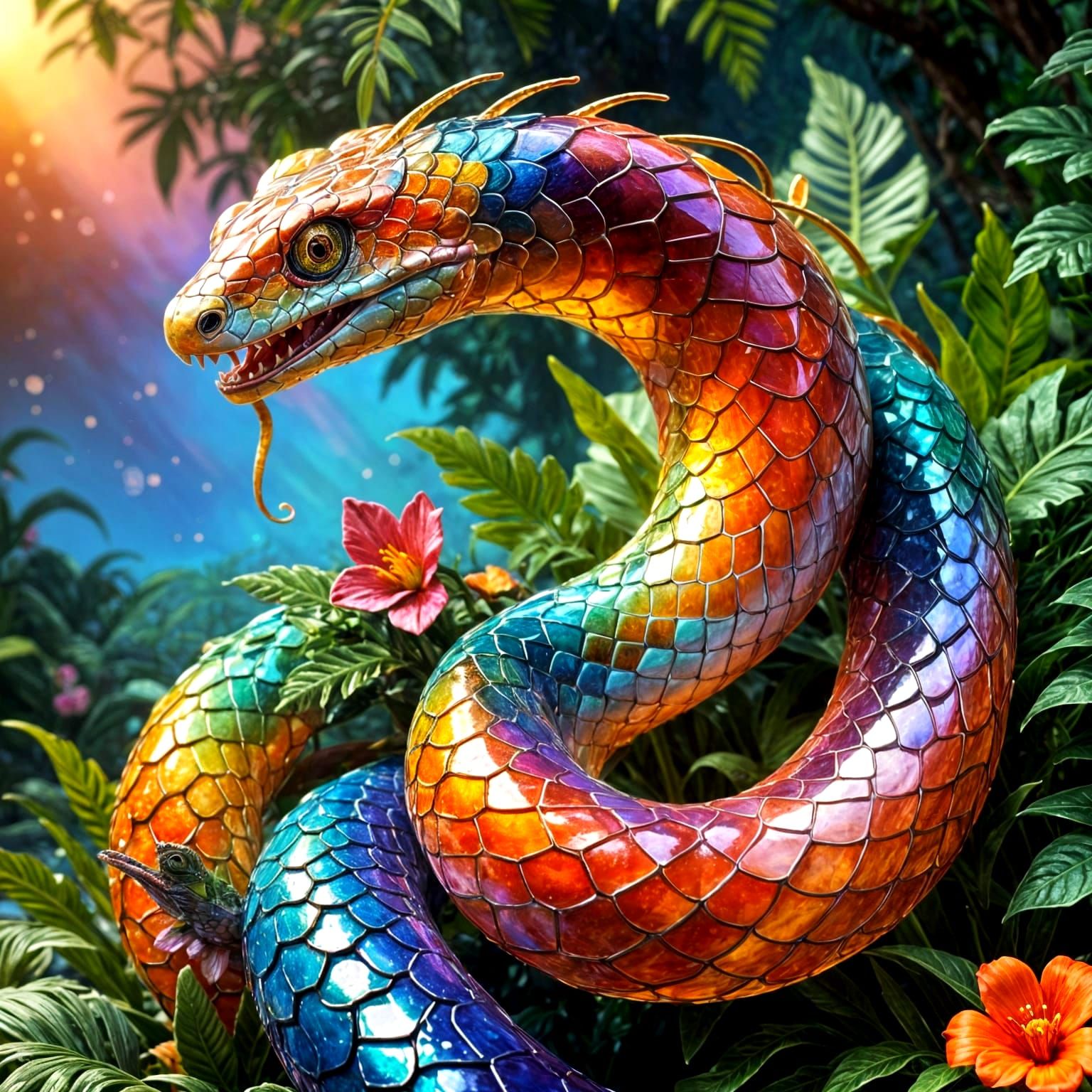Storybook Realism: Sunbeam Snake in Celestial Jungle