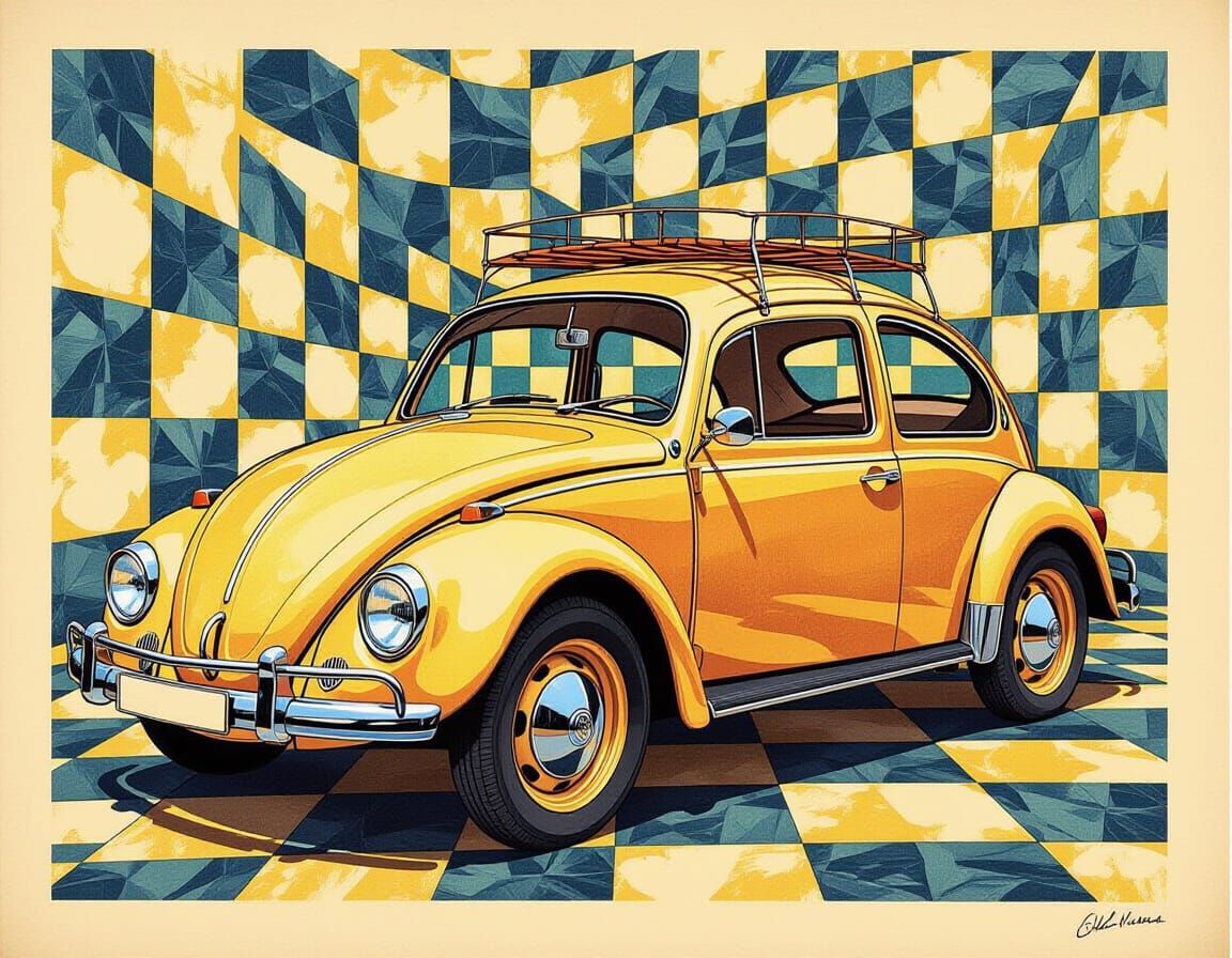 Vintage VW Beetle in Pen and Ink Style