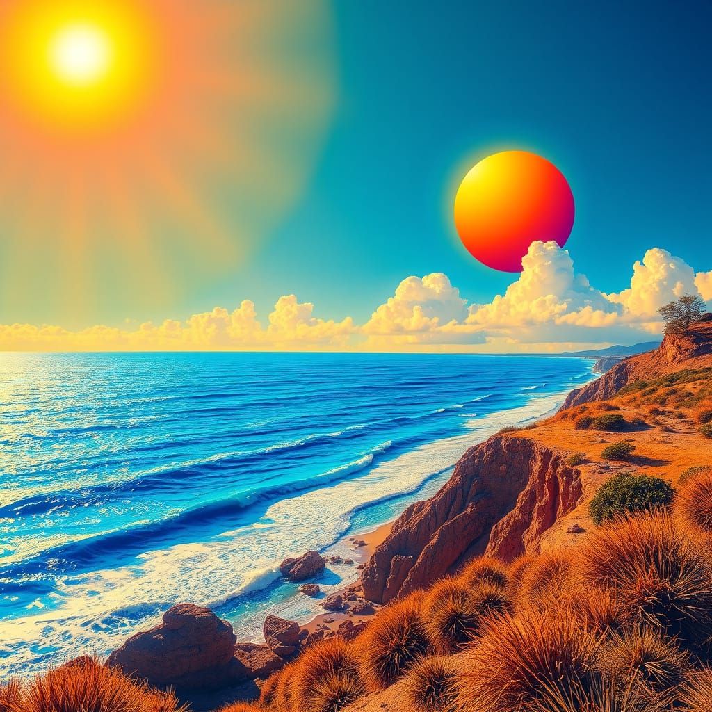 Psychedelic Sunny Landscape with Glowing Ocean