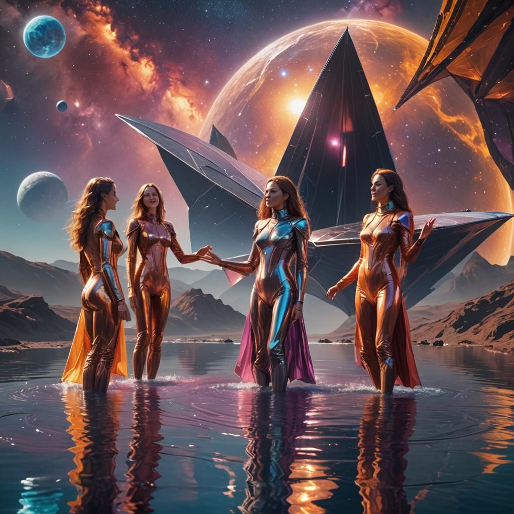 Women Waving from Solar Sail Starship on Alien Planet