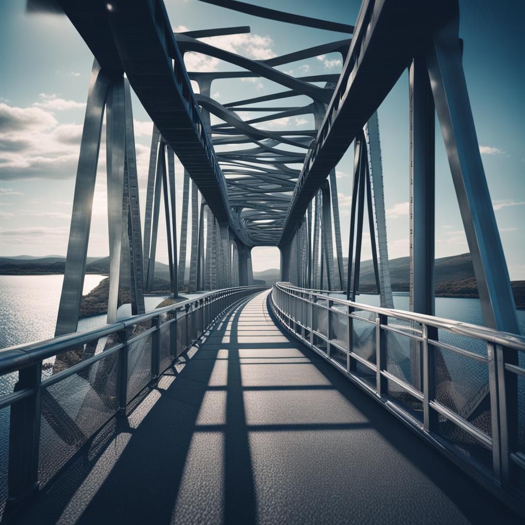 Futuristic Metallic Bridge: Cinematic Film Still