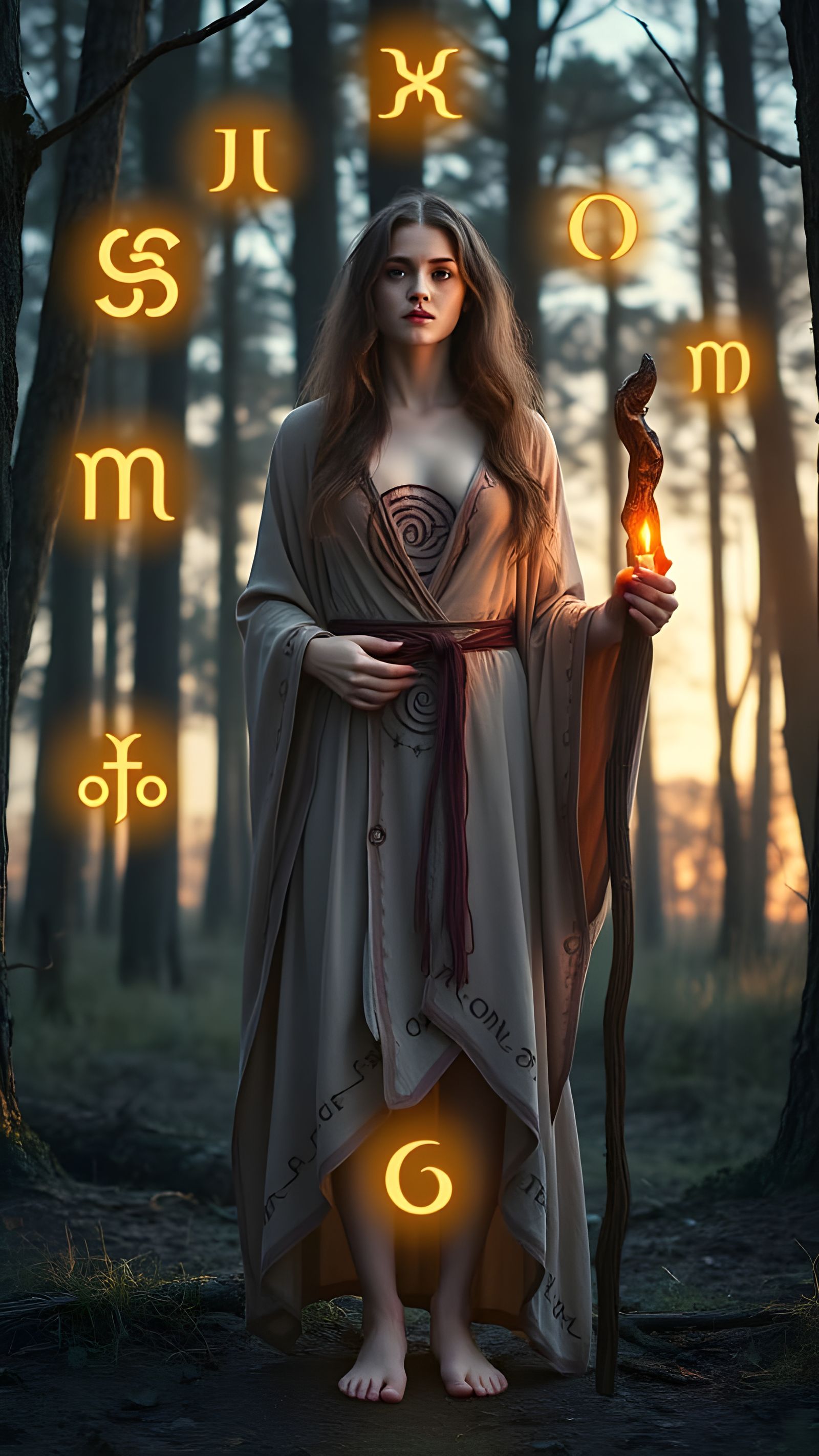 Norse Priestess in Twilight Forest Glowing with Magical Rune...