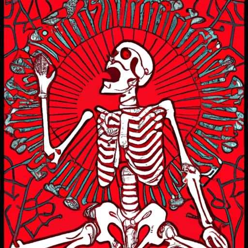 Red Skeleton Reigns in Woodcut Horror Style