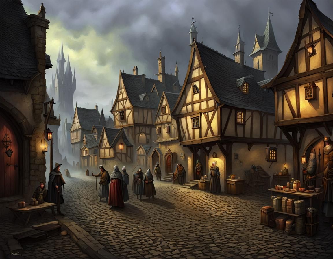 Gloomy Medieval Fantasy Town: Dark Art
