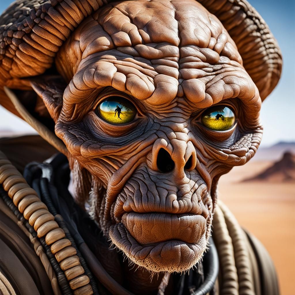Arachnid Alien Traveller at Oasis: Cinematic Portrait