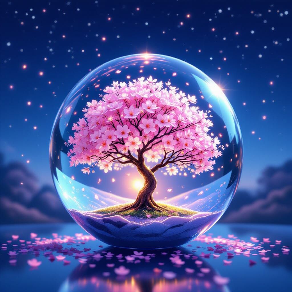 Crystal Sphere With Cherry Blossom Under Starlit Sky