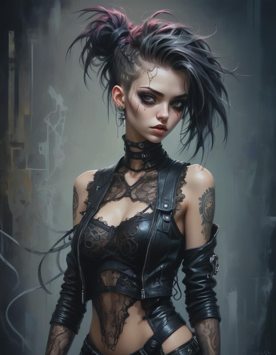 Cyberpunk Girl in Dark Neon Club, Oil Painting