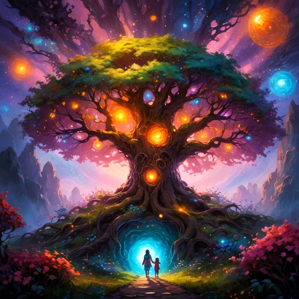 Mother and Child in Magic Portal Tree