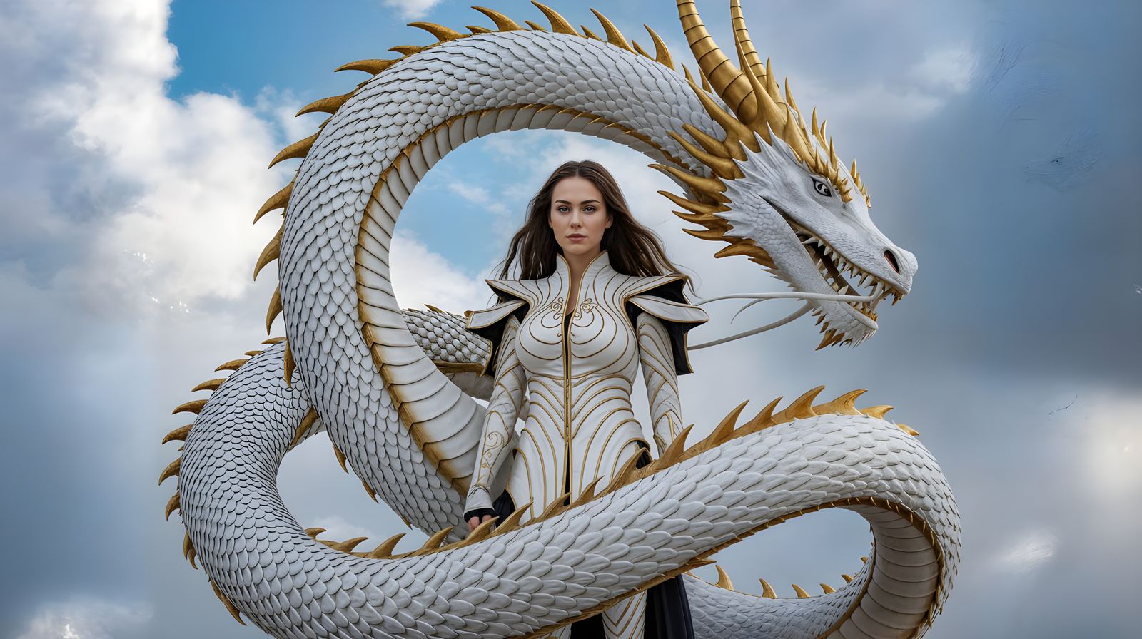 Dragon Coiling Around Armored Woman in Ethereal Sky