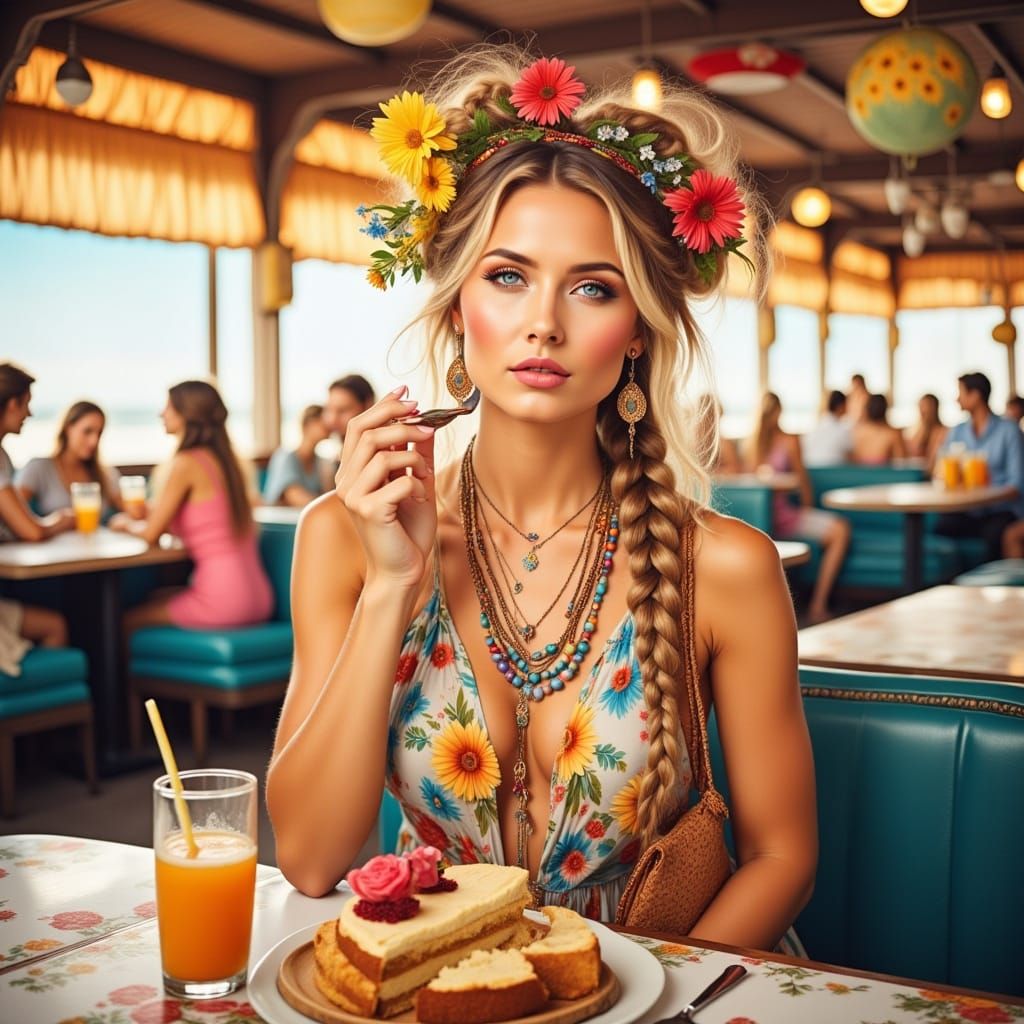 Woman in Hippie Dress Enjoys Cake in Nostalgic Diner