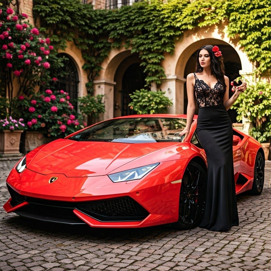 Crimson Lamborghini in Italian Courtyard, Hyper-Realistic St...