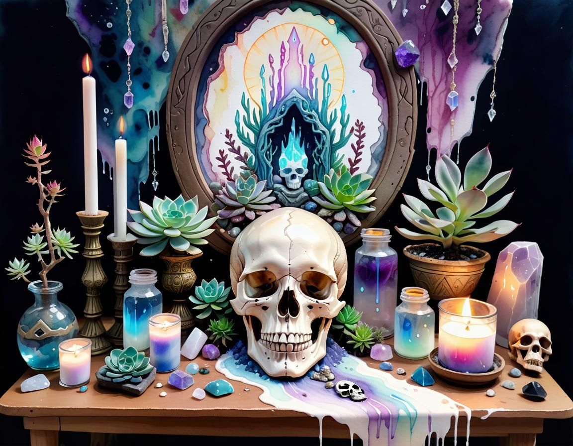 Goddess Altar with Skull and Crystals, Watercolour