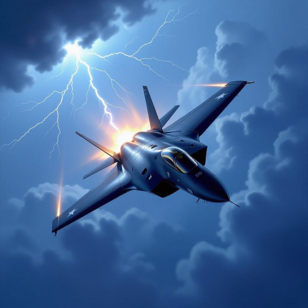 Stealth Jet Soaring Through Stormy Skies as Aviation Art