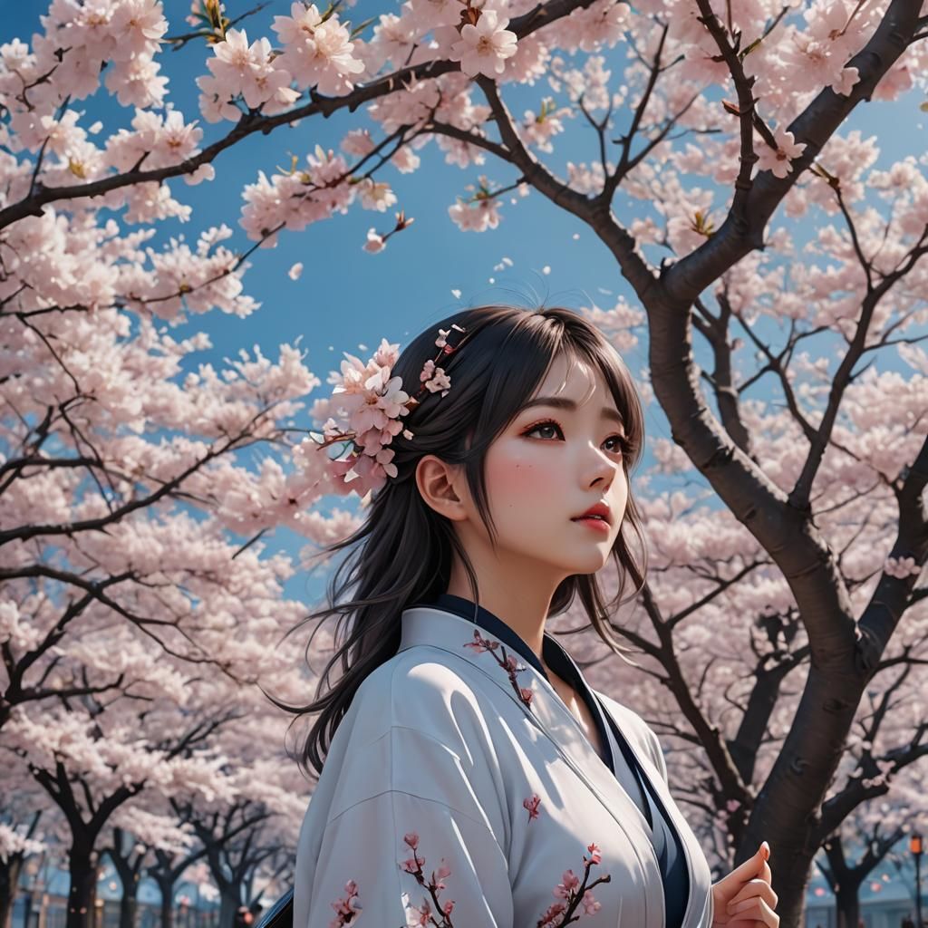 Anime Girl with Cherry Blossoms in 3D Render