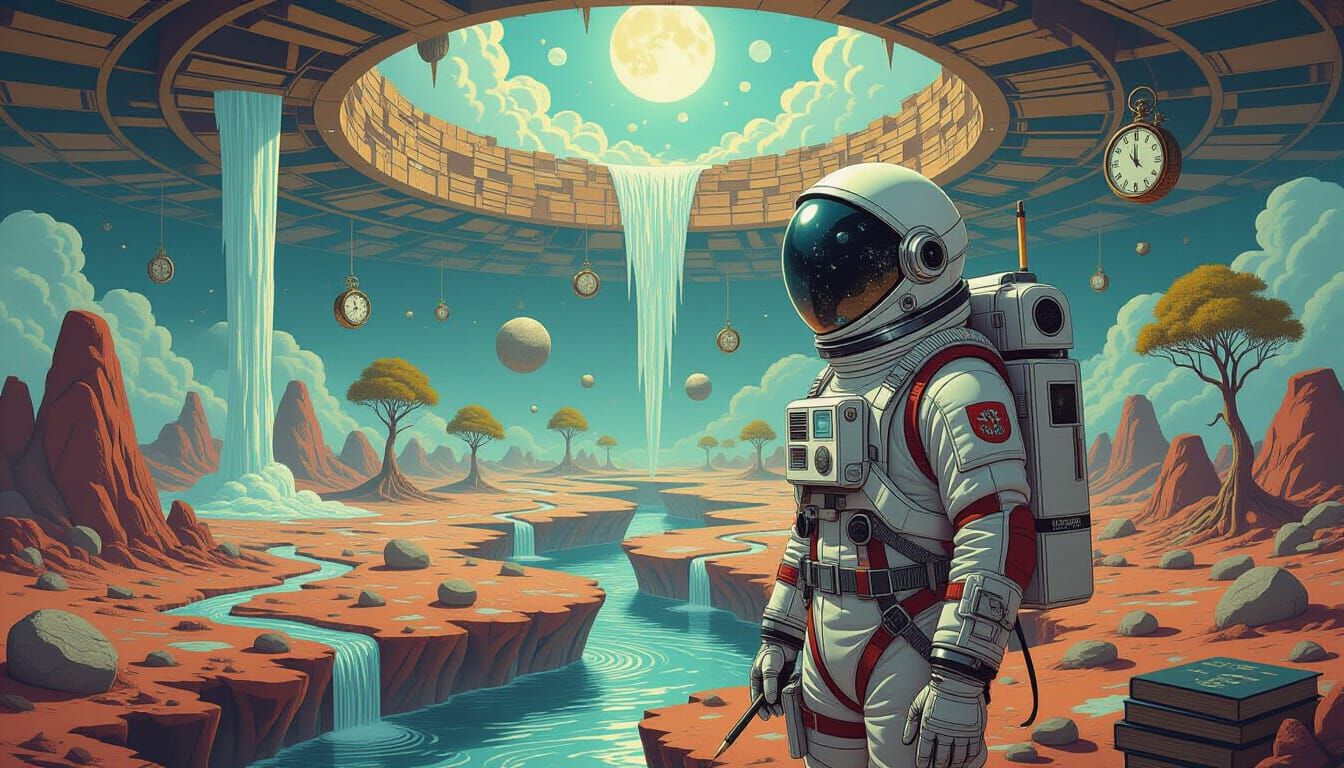 Surreal Alien World with Upward Rivers and Floating Stones